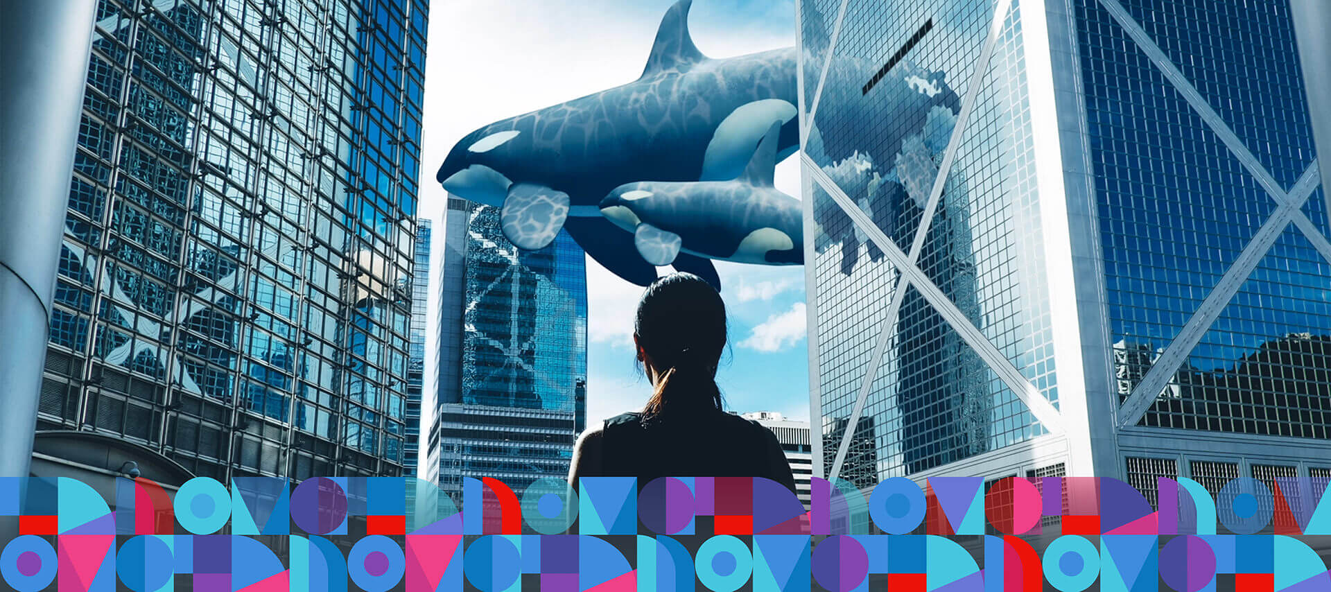 A woman stands among skyscrapers watching orca whales in the sky