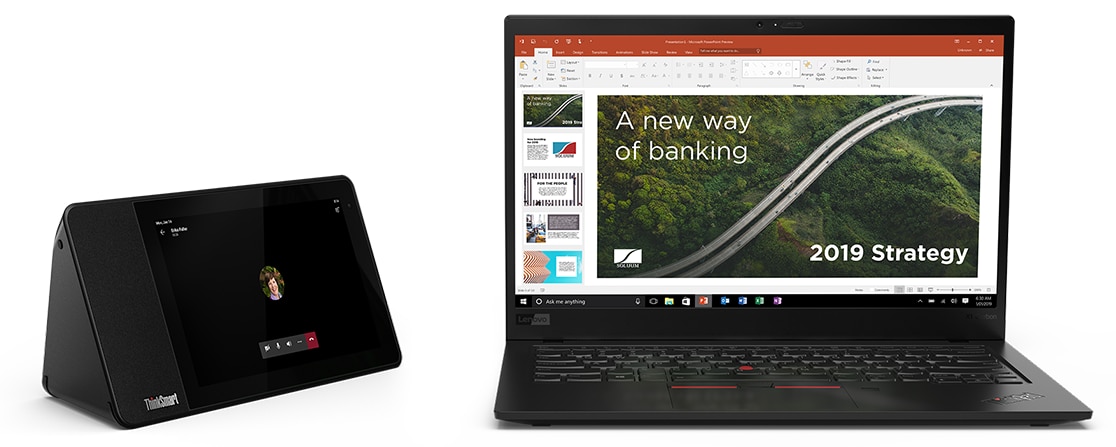 Lenovo ThinkSmart View next to a ThinkPad laptop