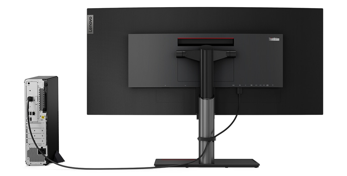 Ansicht des Lenovo ThinkCentre M90s Gen 3 (Intel) Small Form Factor (SFF) Desktop-PCs von hinten, aufrecht stehend, neben einem Monitor (separat erhältlich)