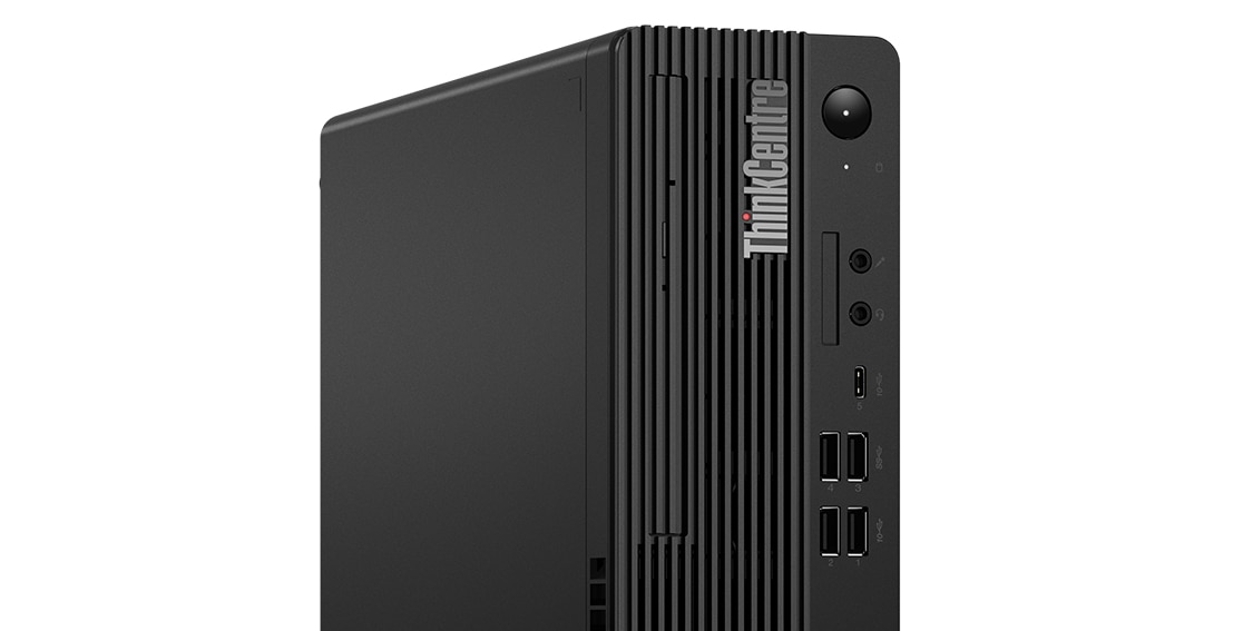 Nahaufnahme der oberen Hälfte des Lenovo ThinkCentre M90s Gen 3 (Intel) Small Form Factor (SFF) Desktop-PCs von vorne, mit Blick auf die vorderen Anschlüsse und das ThinkCentre Logo