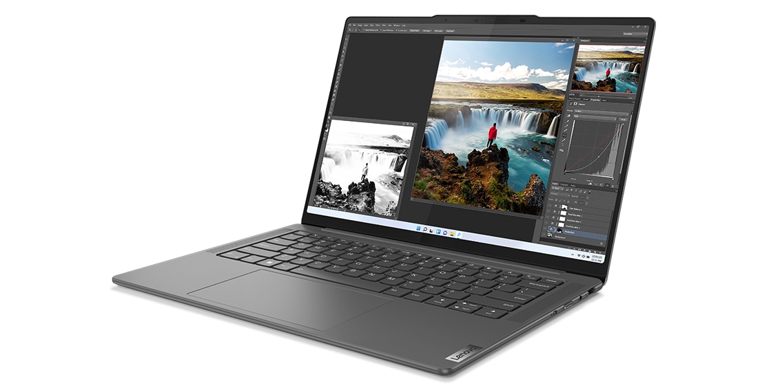Yoga Pro 7 Gen 8 laptop with photo editing software open on the display