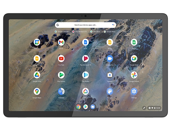Front view of 11” IdeaPad Duet 3 Chromebook in tablet mode, showing various Google icons on screen, including Chrome and Gmail