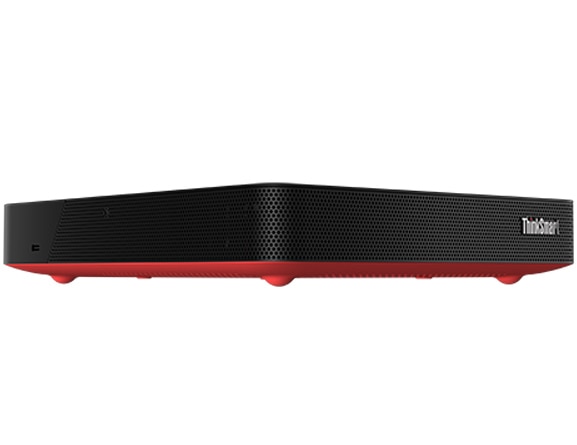 Front facing Lenovo ThinkSmart Core computing device angled to show left corner and red underside with feet.