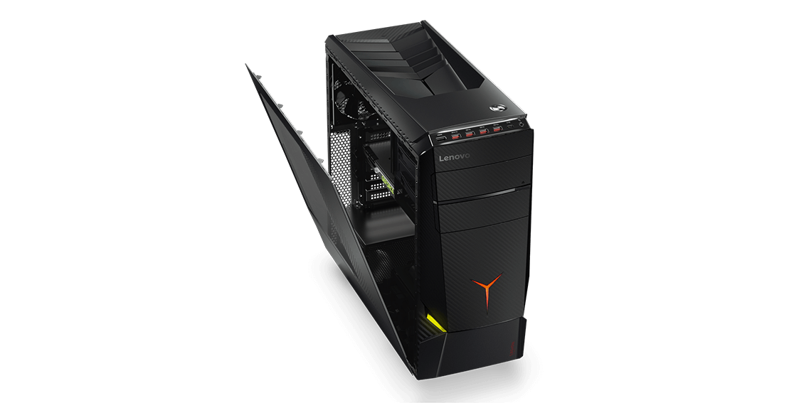 Lenovo Legion Y920 Tower, front left side overhead view with left side panel slightly open to see internals.