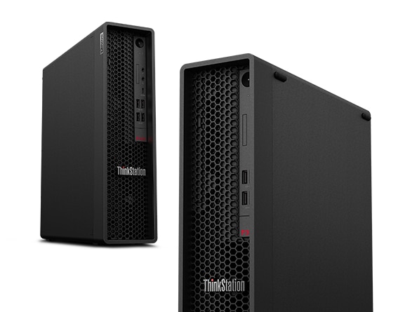 Two Lenovo ThinkStation P350 SFF workstations—one front left ¾ view and one close-up view of the left side