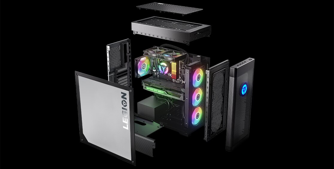Legion Tower 7i Gen 7 open chassis with RGB lighting on
