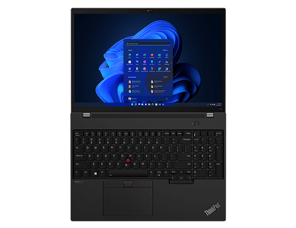 ThinkPad T16 Gen 1 (16” Intel) ноутбукиның өстен көрінісі, 180 градус ашылған, дисплей мен пернетақтаның көрінісі