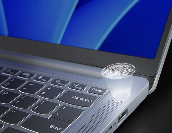 Close up view of the power button with a floating fingerprint icon to display secure access capability