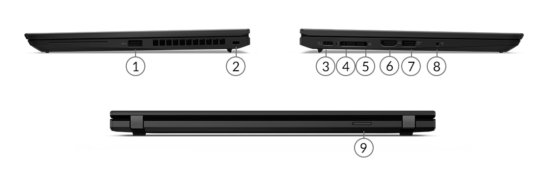 Үш ноутбук ThinkPad X13 (2nd Gen, 13) — сол жақ, оң жақ және арт жақ көрінісі, қабық жабылған, порттар нөмірленген