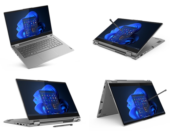 The multiple usage modes of a 2-in-1â€”laptop, tablet, tent, and standâ€”are illustrated in this combo image of four mineral grey ThinkBook 14s Yoga Gen 2 models.