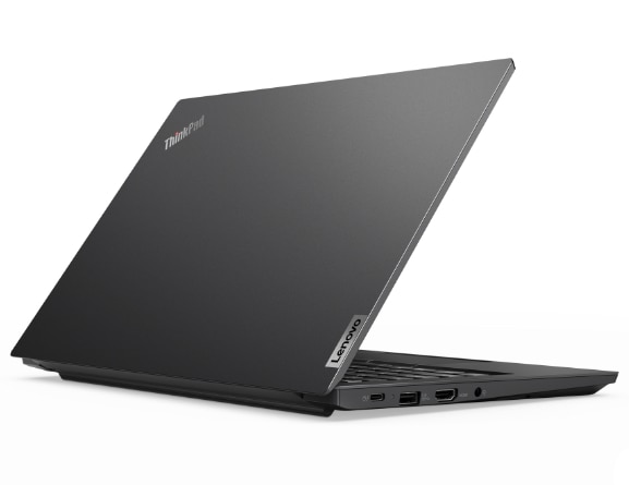 Rear right three-quarter view of black Lenovo ThinkPad E14 Gen 2
