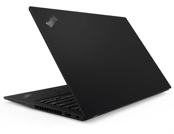Back-side view of Lenovo ThinkPad 14s laptop in black, angled slightly to show right-side ports and part of keyboard.