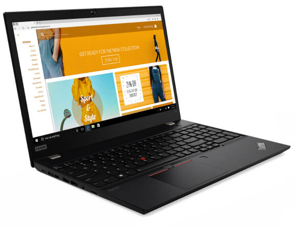 The ThinkPad T15 (Intel) laptop open 90 degrees showing keyboard and screen, angled slightly to show left side ports.