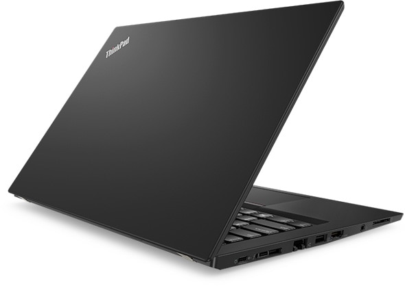 Lenovo ThinkPad T480s - Vue latérale de l'arrière, avec l'ordinateur portable légèrement ouvert
