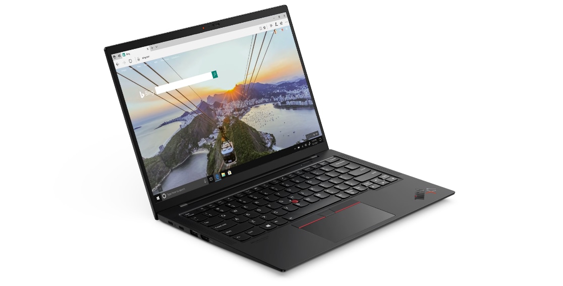 Vista frontale del laptop Lenovo ThinkPad X1 Carbon Gen 9 aperto di 90 gradi e leggermente angolato per mostrare le porte sul lato sinistro.