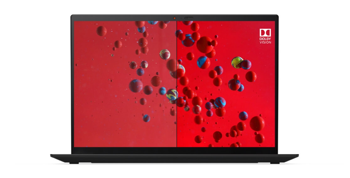 Dettaglio del display UHD Lenovo ThinkPad X1 Carbon Gen 9 che mostra Dolby Vision nella metà destra dello schermo e standard nella sinistra. 