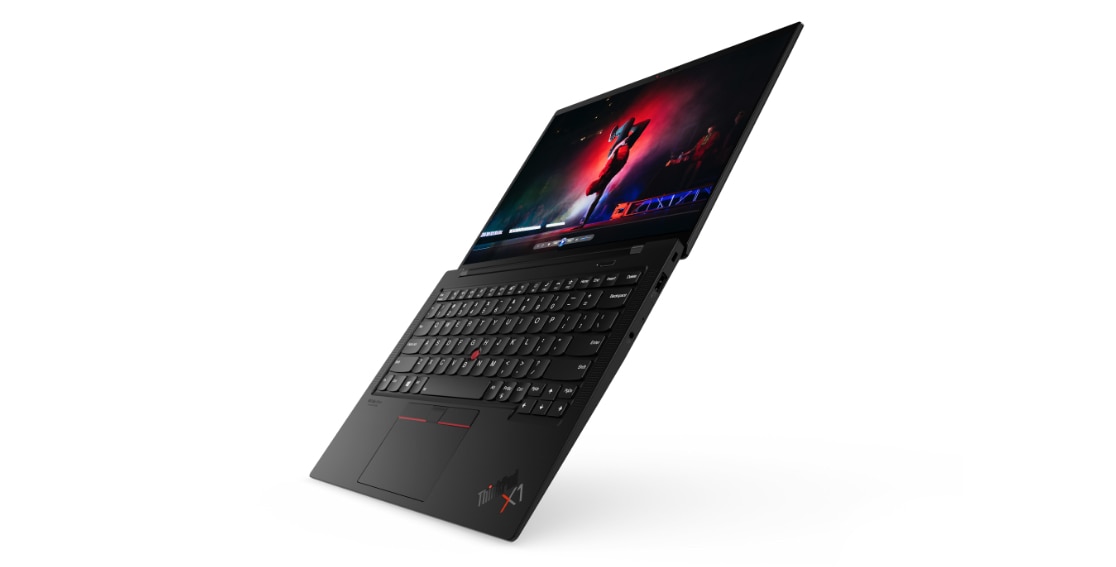 Laptop nero Lenovo ThinkPad X1 Carbon Gen 9 aperto a 180 gradi con tastiera e schermo con porte sul lato destro.