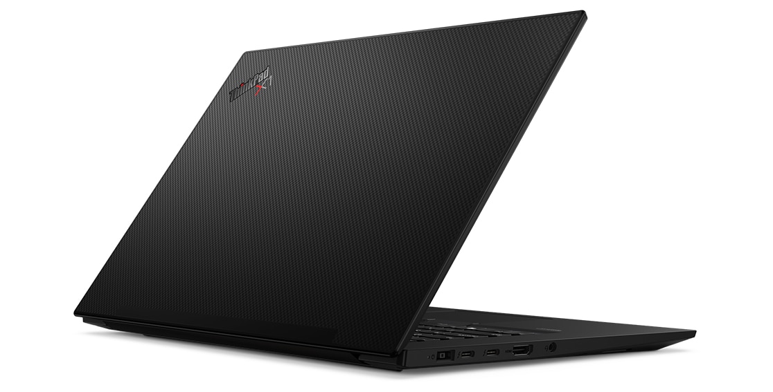 Vista posteriore della finitura in fibra di carbonio sulla copertura superiore del laptop Lenovo ThinkPad X1 Extreme Gen 3. 