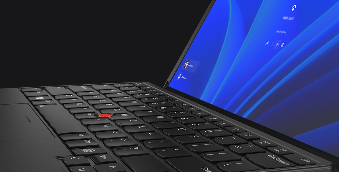 Detail of TrackPoint on keyboard attached to Lenovo ThinkPad X1 Fold.