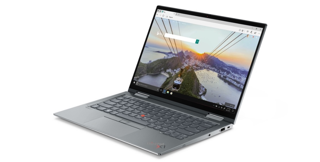 Lenovo ThinkPad X1 Yoga Gen 6 2-in-1 laptop in Storm Gray, open 90 degrees, angled to show right-side ports.