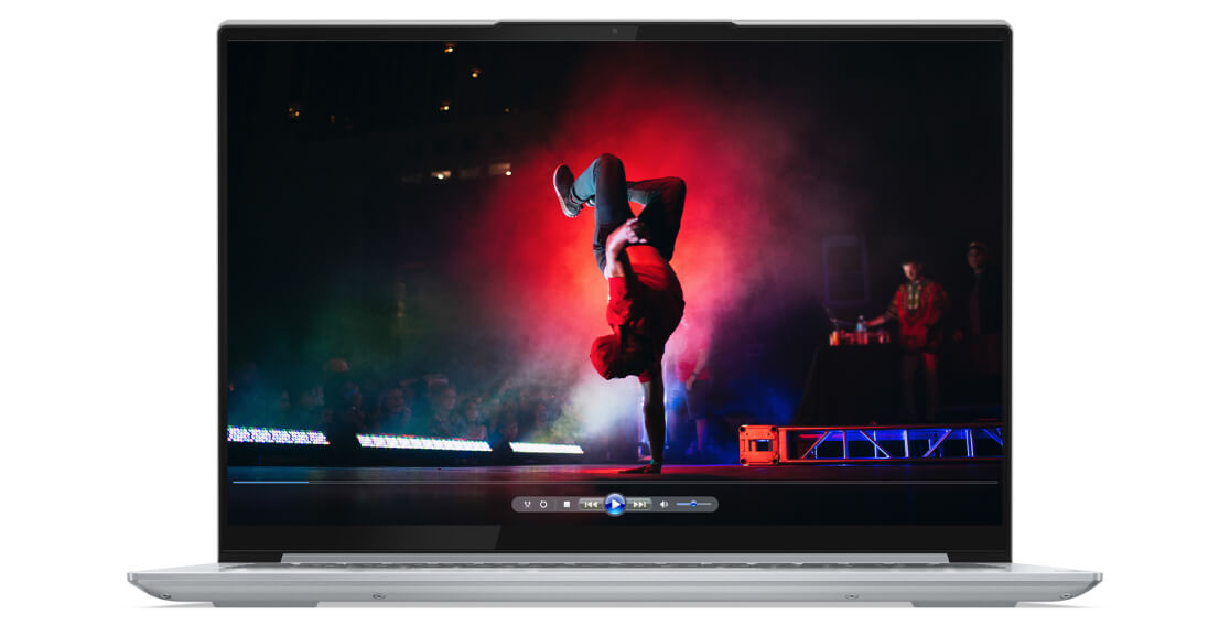 Front view Lenovo Yoga Slim 7i Pro 14 silver laptop open 90 degrees