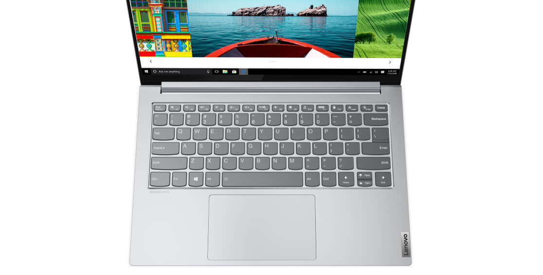 Overhead view of Lenovo Yoga Slim 7i Pro 14 silver showing keyboard and part of display