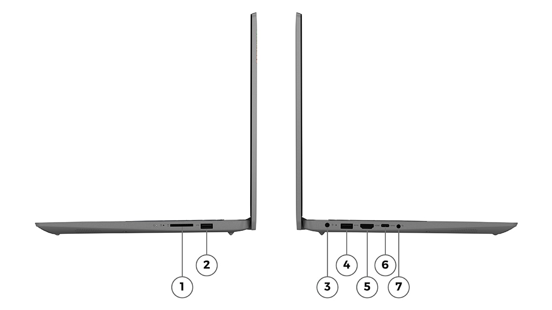 Вид слева и справа ноутбуков Lenovo IdeaPad 3 (7th Gen, 15, AMD), установленных бок о бок, с открытой на 90 градусов крышкой, с указанием портов и разъемов