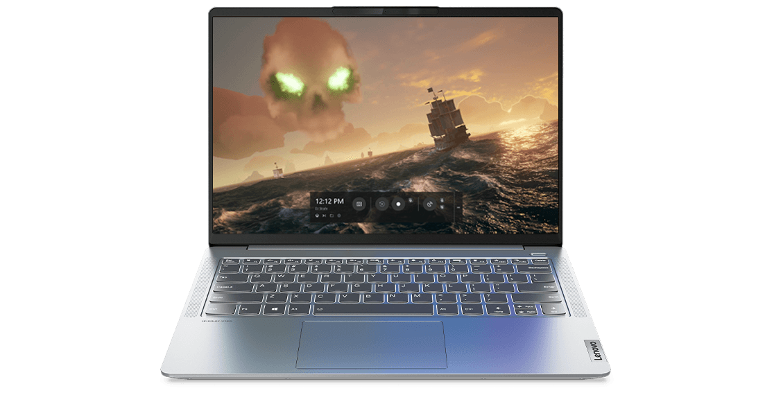 IdeaPad 5 Pro Gen 6 (14” AMD) Cloud Grey front view, with game on display showing ship on stormy waters