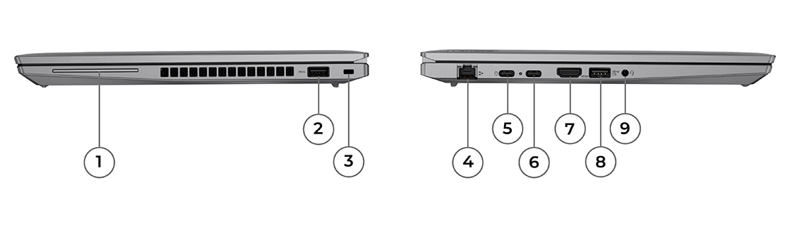 ThinkPad T14 (3rd Gen, 14, AMD) ноутбуки, сол жақ көрінісі, порттар және қосу нысандары көрсетілген, ноутбуктың қабығы жабық. ThinkPad T14 (3rd Gen, 14, AMD) ноутбуки, оң жақ көрінісі, порттар және қосу нысандары көрсетілген, ноутбуктың қабығы жабық