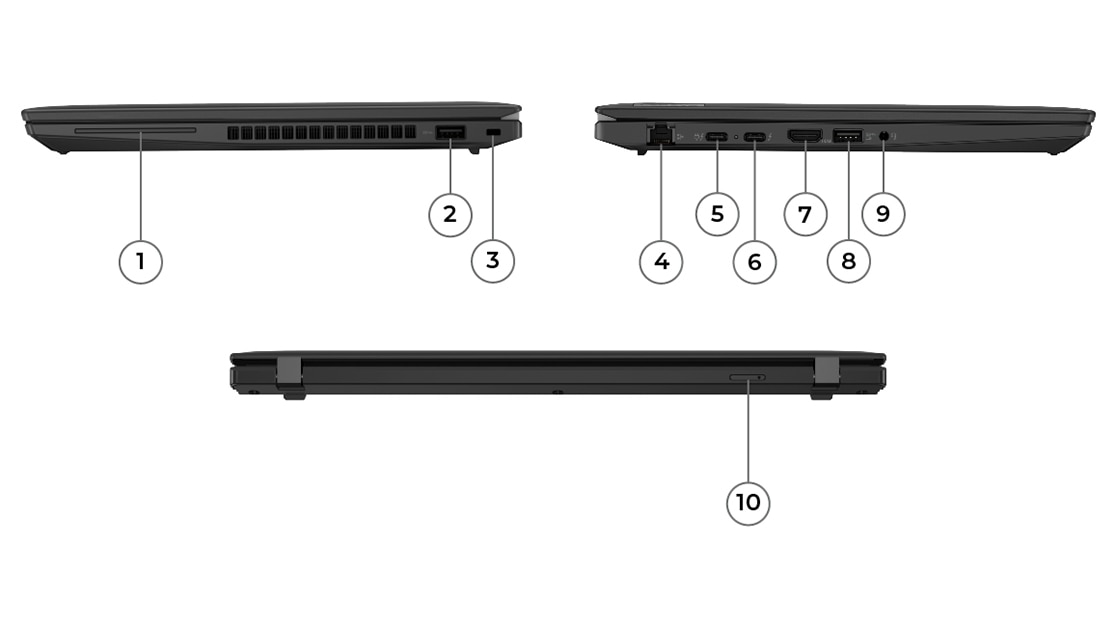 Ноутбук ThinkPad T14 (3rd Gen, 14), вид слева с отображением портов и разъемов, крышка ноутбука закрыта. Ноутбук ThinkPad T14 (3rd Gen, 14), вид справа с отображением портов и разъемов, крышка ноутбука закрыта