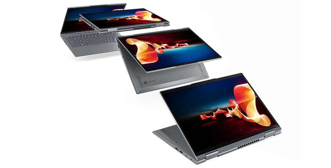 Quattro laptop Lenovo ThinkPad X1 Yoga Gen 7 2-in-1 in varie modalità: laptop, tablet, tenda e supporto, tutti mostrano variazioni su un display colorato.