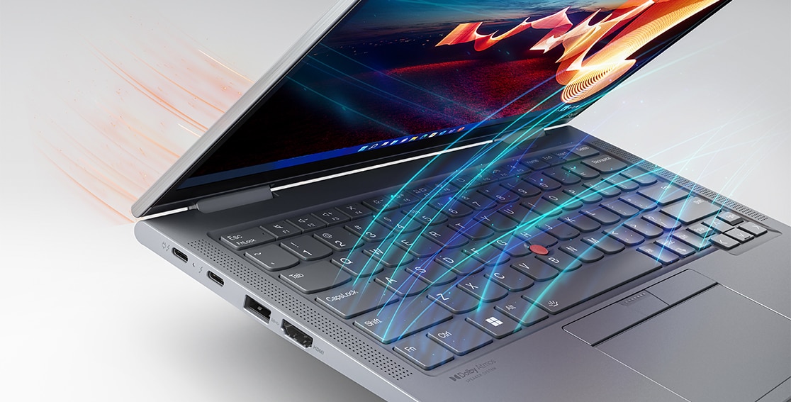 Lenovo ThinkPad X1 Yoga Gen 7 2-in-1 con linee colorate che illustrano la presa d'aria sotto i tasti.