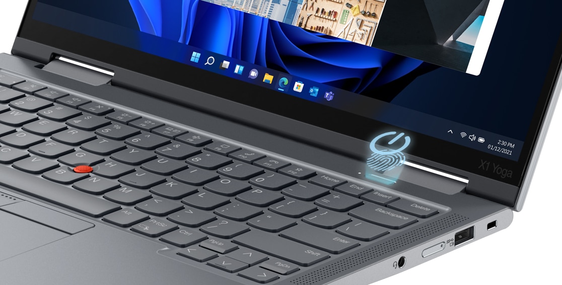 Dettaglio del lettore di impronte digitali integrato con il pulsante di accensione sul laptop Lenovo ThinkPad X1 Yoga Gen 7 2-in-1.