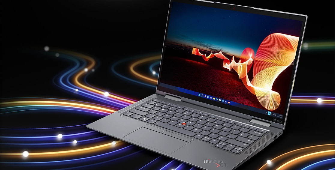 Il laptop Lenovo ThinkPad X1 Yoga Gen 7 2-in-1 fluttua nell'aria circondato da vortici colorati. 