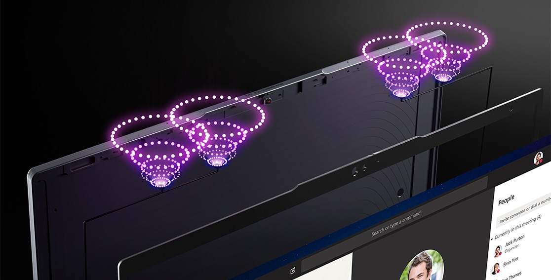 Inquadratura esplosa della Communications Bar del Lenovo ThinkPad X1 Yoga Gen 7 2-in-1 con enfasi vorticosa sui microfoni quad-array.