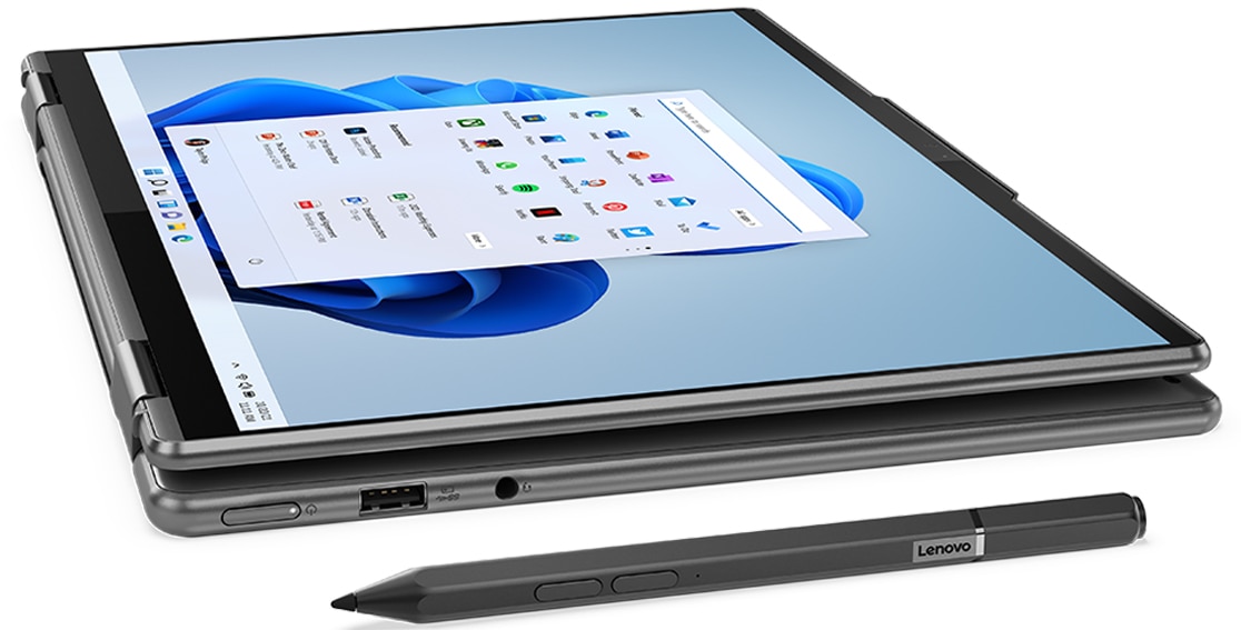 Lenovo Yoga 7i Gen 7 (14” Intel) 2-in-1, in tablet mode, with optional Lenovo pen