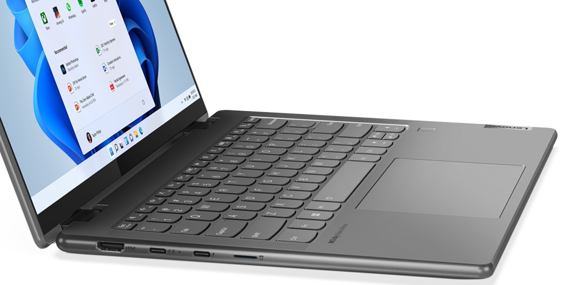 Left-side view of Lenovo Yoga 7i Gen 7 (14” Intel) 2-in-1, in laptop mode, showing keyboard