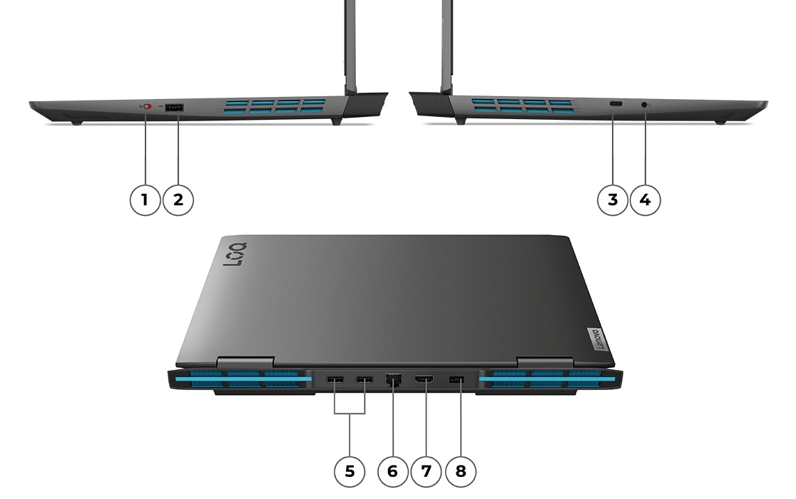 Lenovo LOQ 15APH8 ойын ноутбуки, сол жақ, оң жақ және артқы көрініс, порттар мен қосымшаларды көрсету