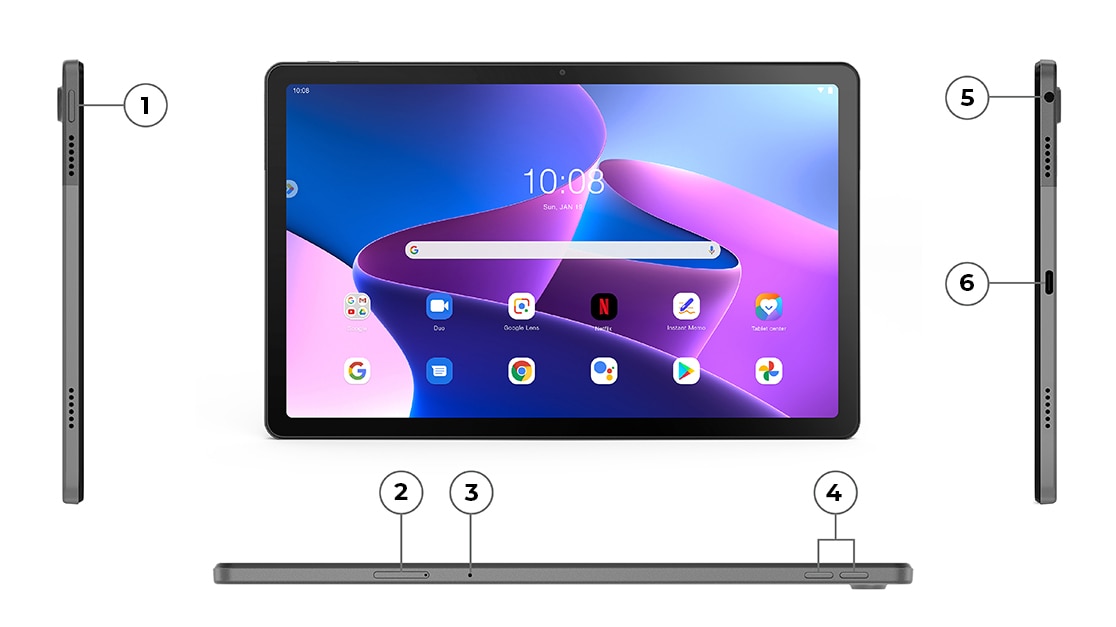 Front-facing view, plus top and side profile view of Lenovo Tab M10 Plus Gen 3 2023 tablet ports