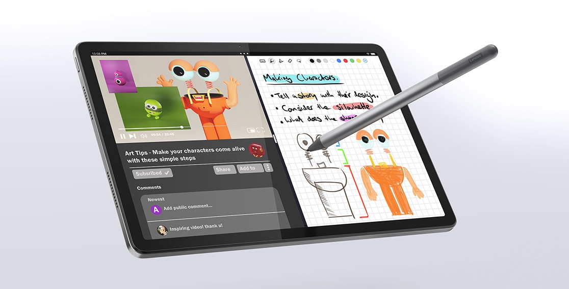 Split screen on Lenovo Tab M11 tablet with video playing and note taking with optional pen