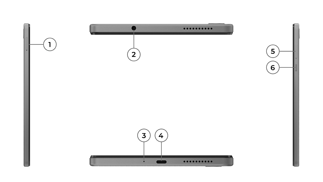Lenovo Tab M8 Gen 4-tablet, profilvisninger af porte fra top, bund, venstre og højre