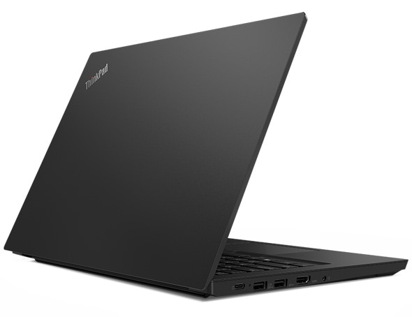 Side view of the Lenovo ThinkPad E14 laptop, showing the front cover and slightly open