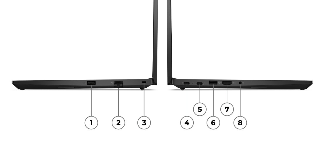 Ноутбук Lenovo ThinkPad E14 Gen 5 (14″ Intel): вид справа и слева, крышки открыты, порты и разъемы пронумерованы для идентификации