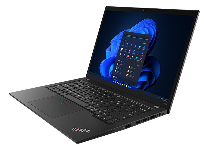 Overhead shot of Lenovo ThinkPad T14s Gen 4 (14ʺ Intel) laptop open 90 degrees, angled to show right-side ports along with keyboard & display.